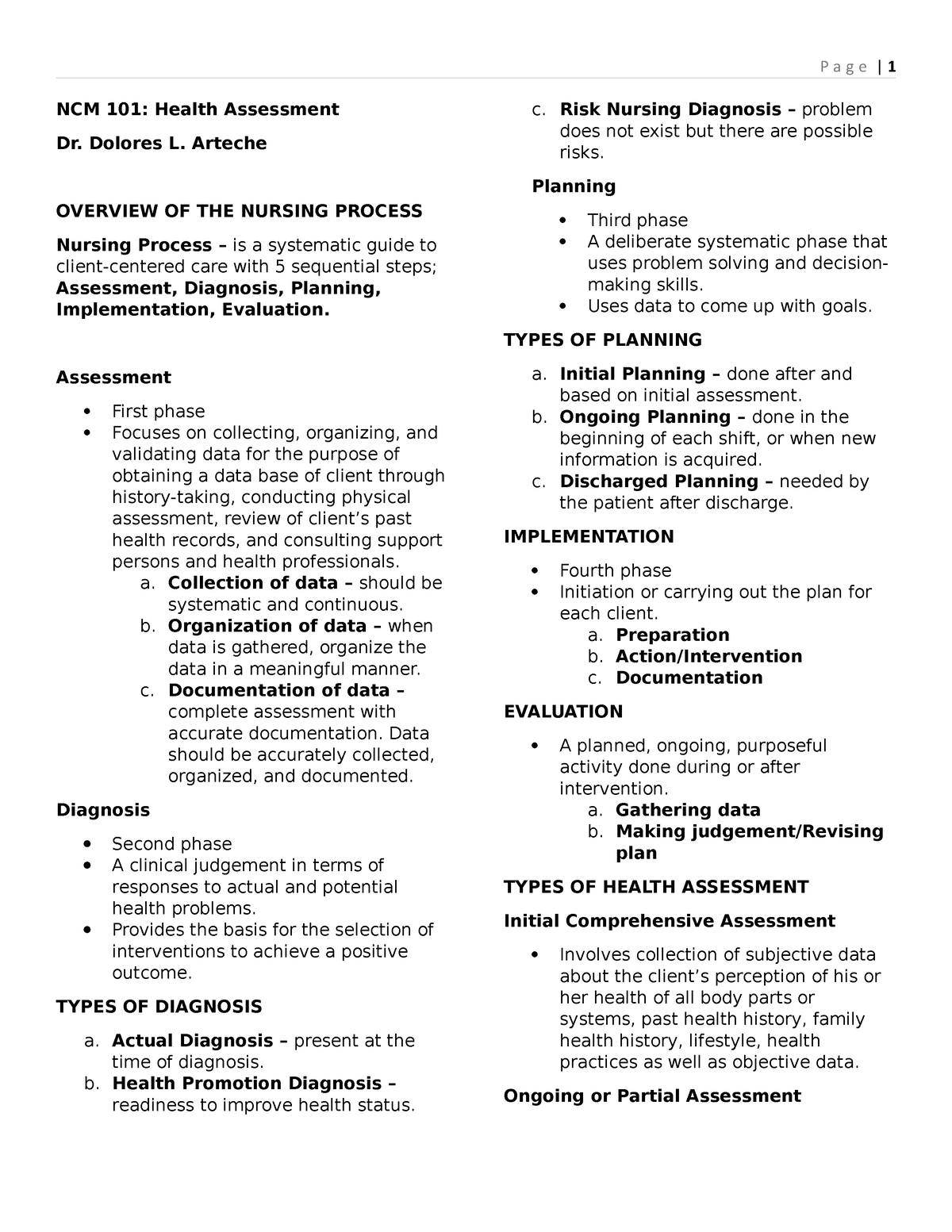 Reviewer IN NCM 101 DR - NCM 101: Health Assessment Dr. Dolores L ...