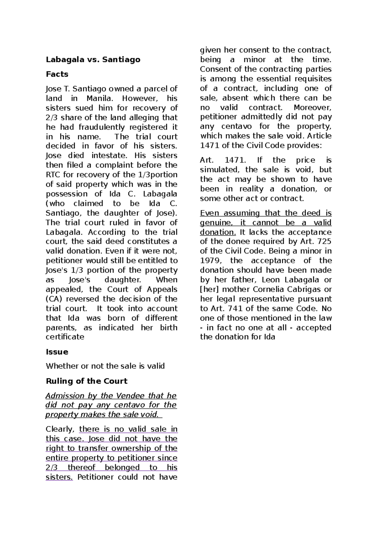 Sales Case digest Clyde - Labagala vs. Santiago Facts Jose T. Santiago ...