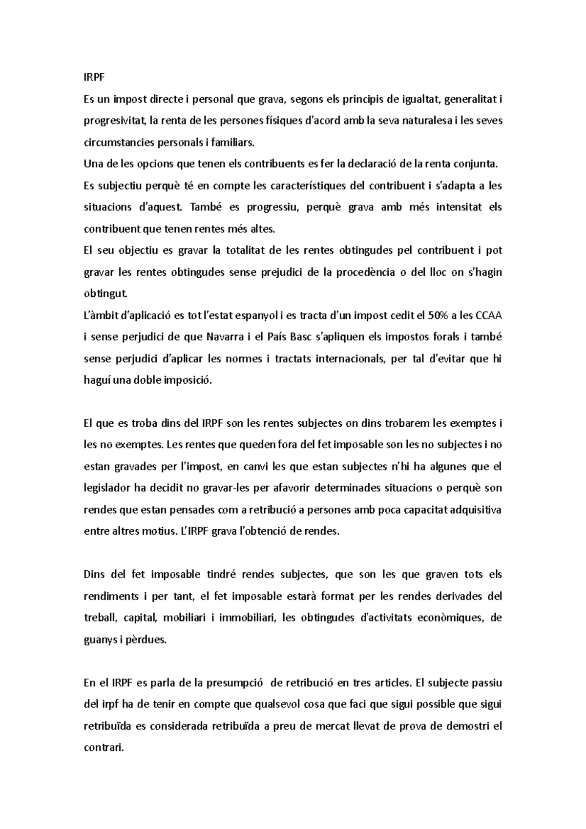 INTRO ARQUITECTURA - IRPF Es un impost directe i personal que grava ...