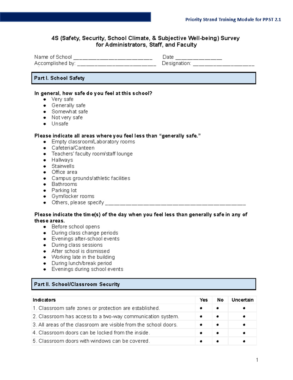 CareerStage2 SchoolSafetyandSecuritySurvey 4S (Safety, Security