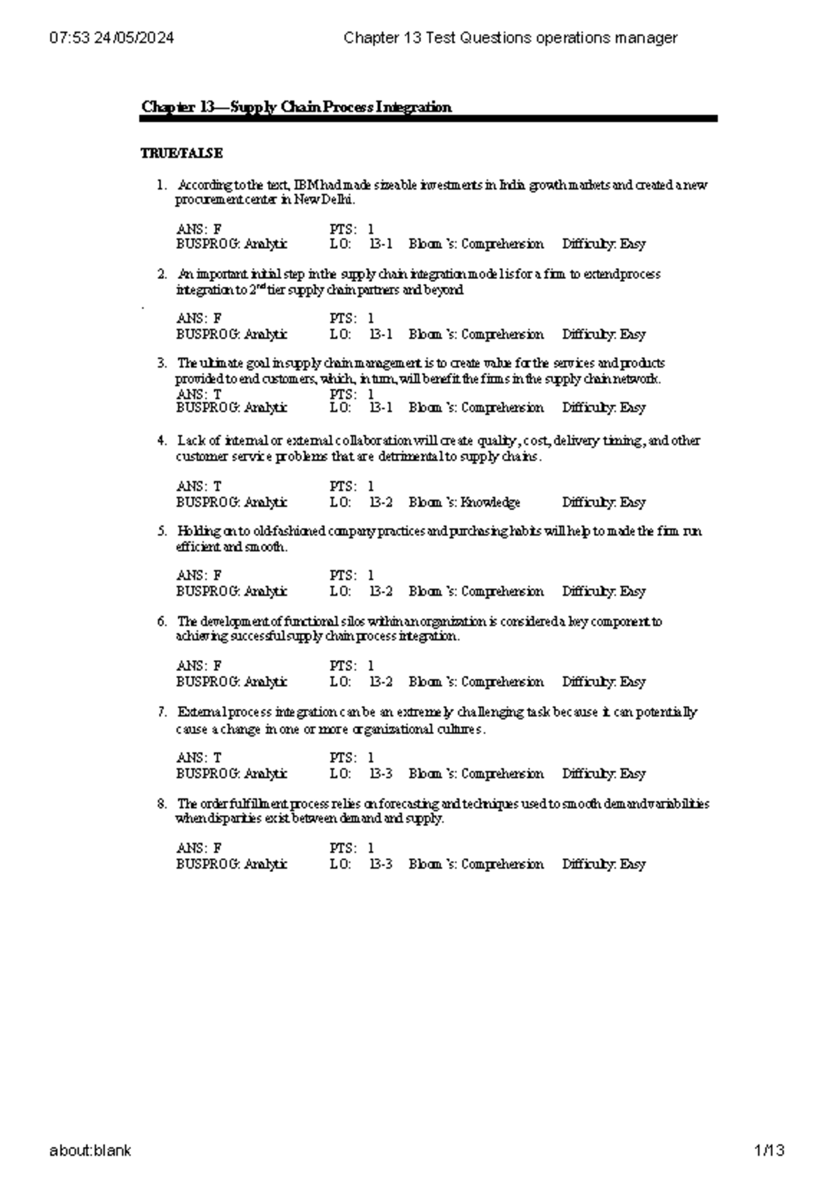 Chapter 13 Test Questions Operations Manager - Chapter 13—Supply Chain ...