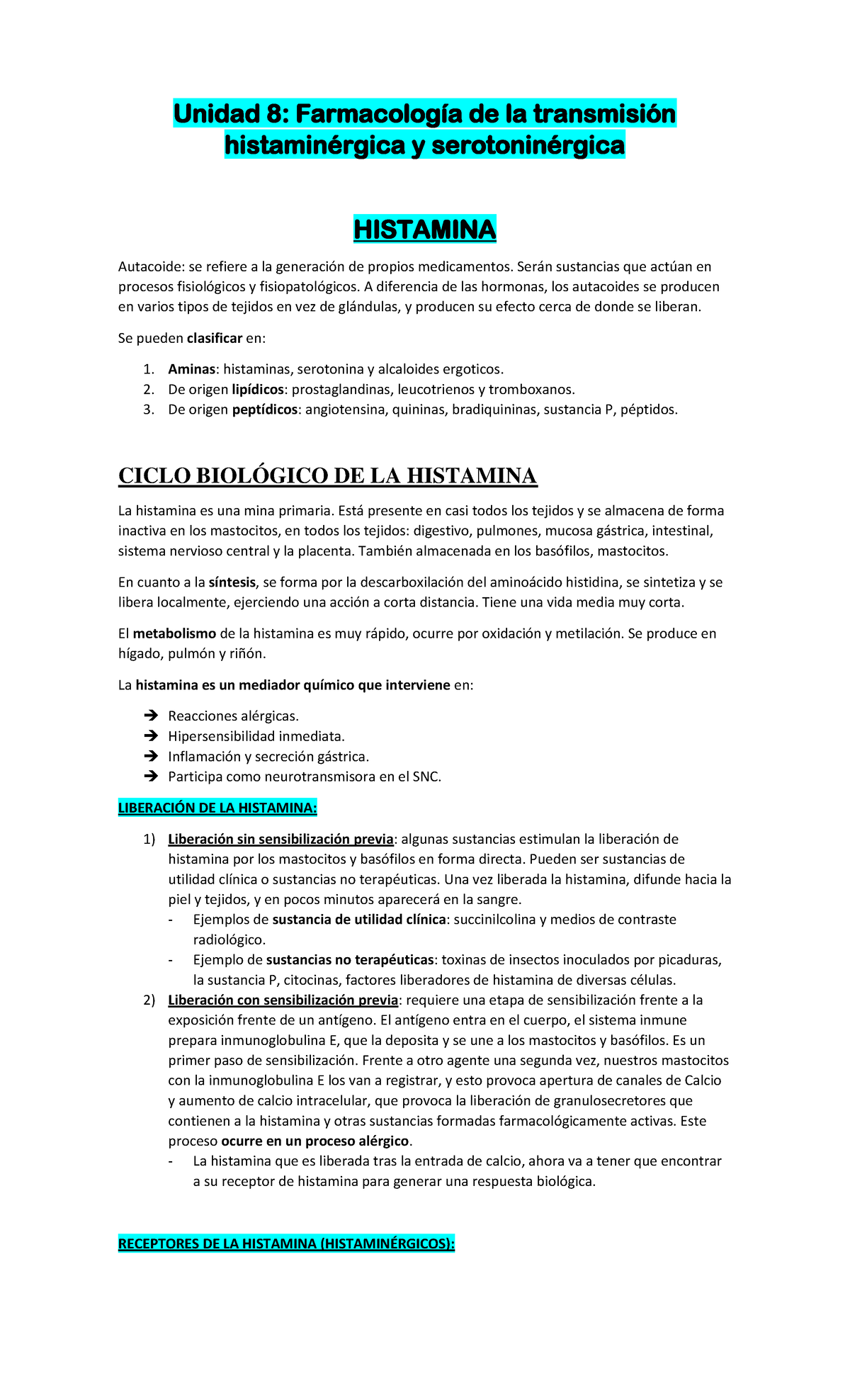 Unidad 8 - Histamina y Serotonina - Unidad 8: Farmacología de la ...