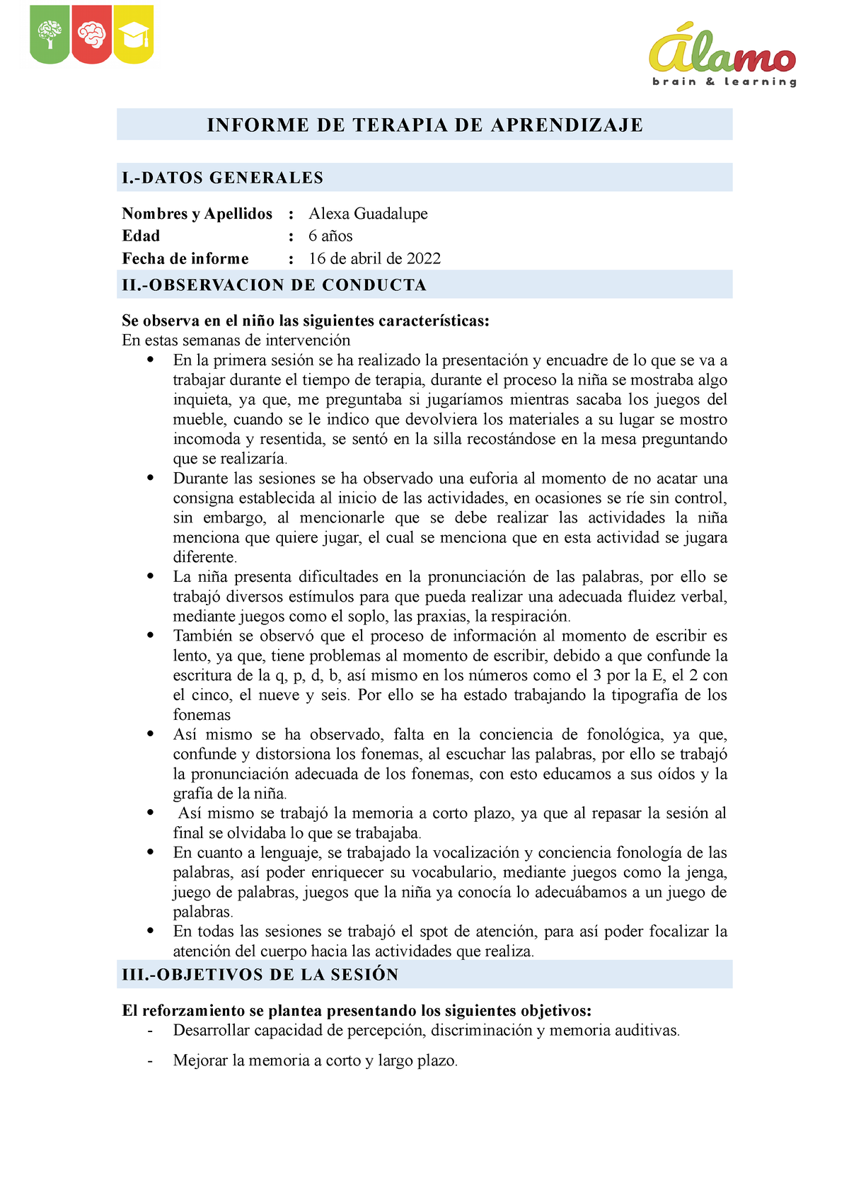 Informe De Terapia De Aprendizaje Guadalupe Marzo Informe De Terapia De Aprendizaje I Datos 0236