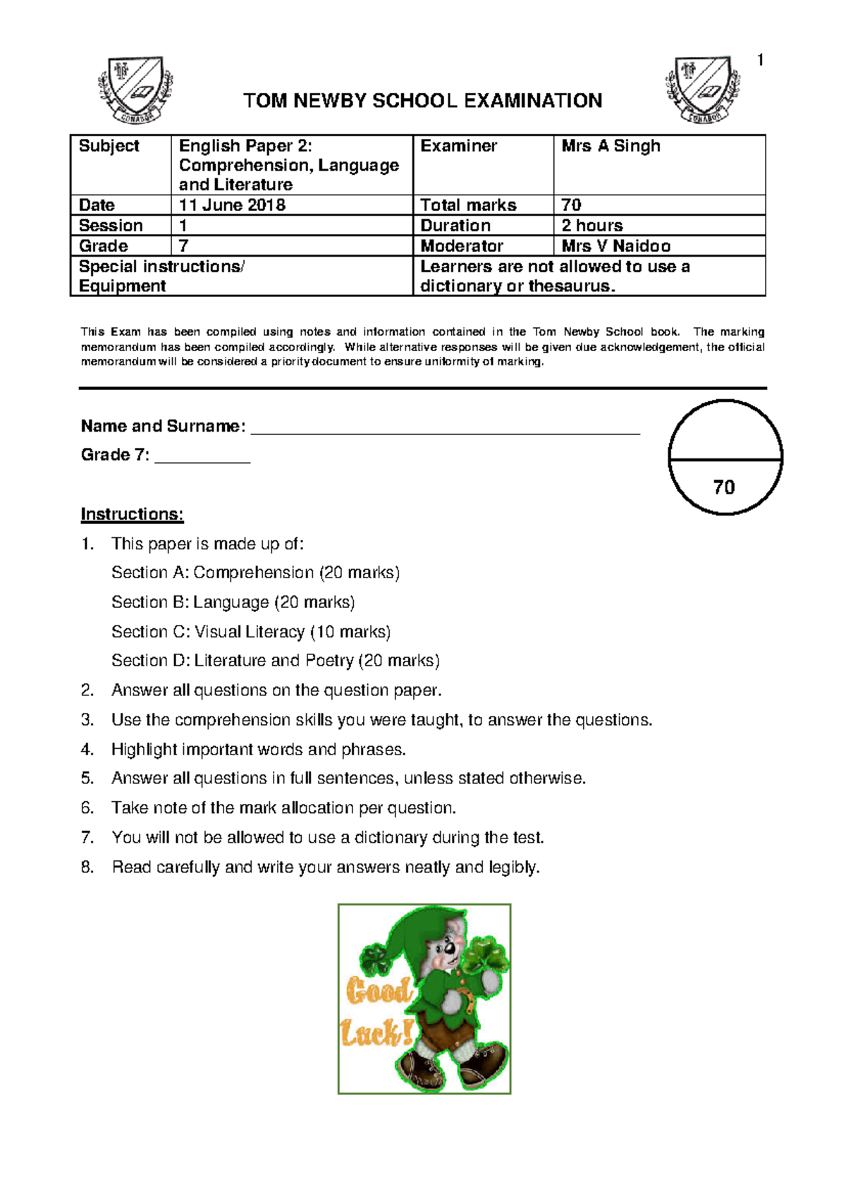 GR 7 ENG Paper 2 AND MEMO JUNE 2018 - TOM NEWBY SCHOOL EXAMINATION ...