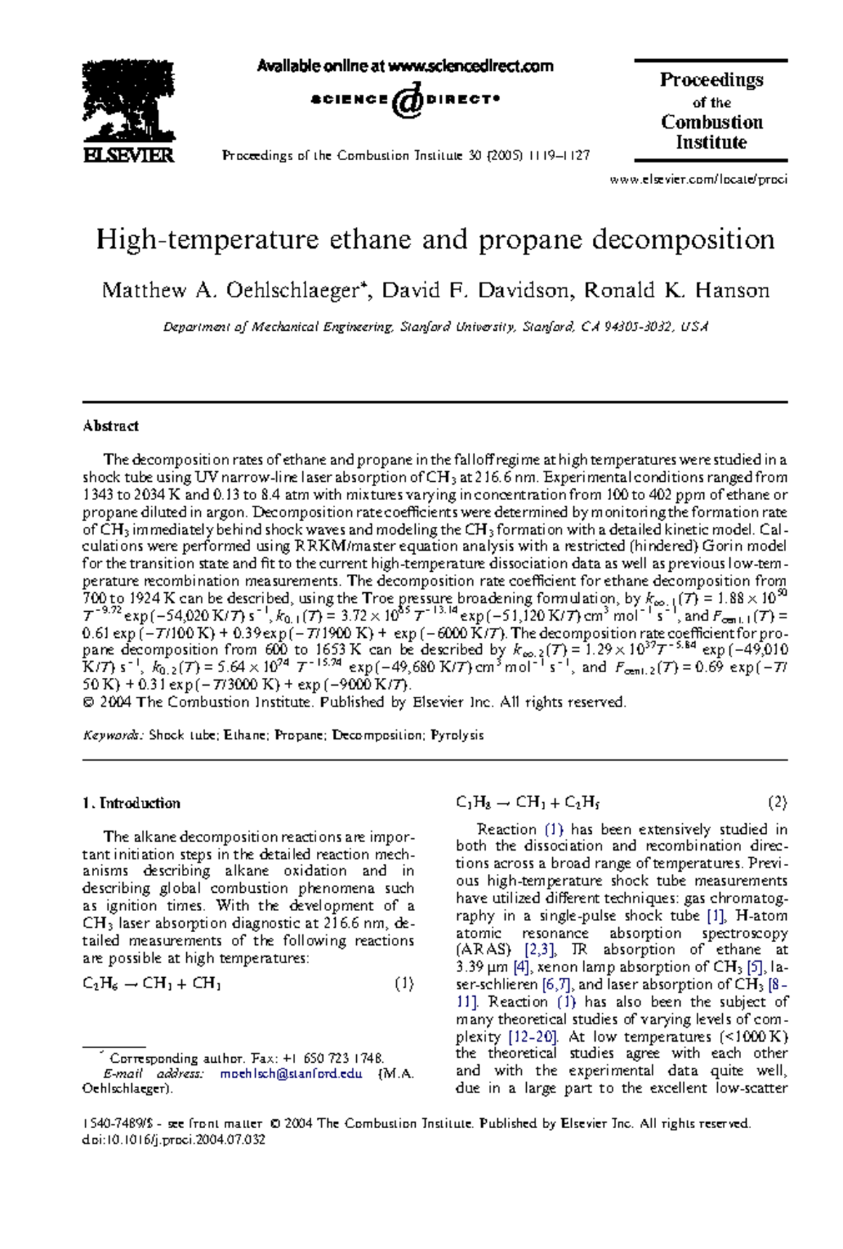 Oehlschlaeger 2005 - High-temperature ethane and propane decomposition ...