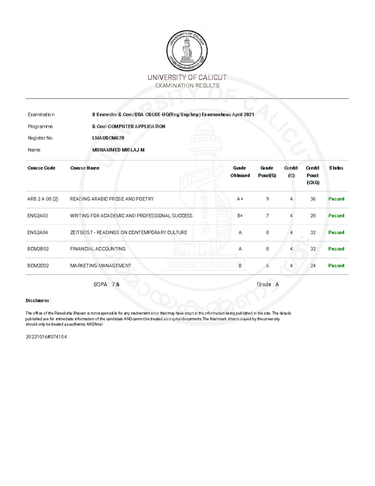 2nd sem Result - UNIVERSITY OF CALICUT EXAMINATION RESULTS Examination ...