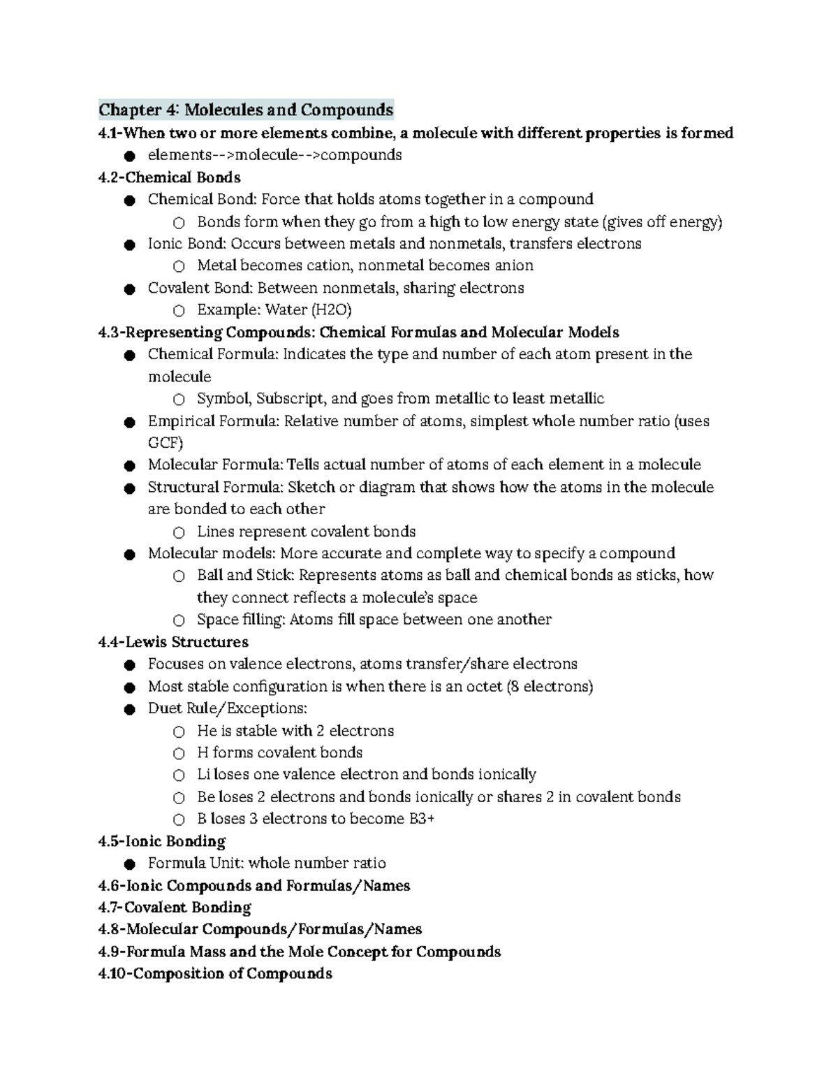 Chem 130 Study Guide Chapters 4-6 - Chapter 4: Molecules and Compounds ...