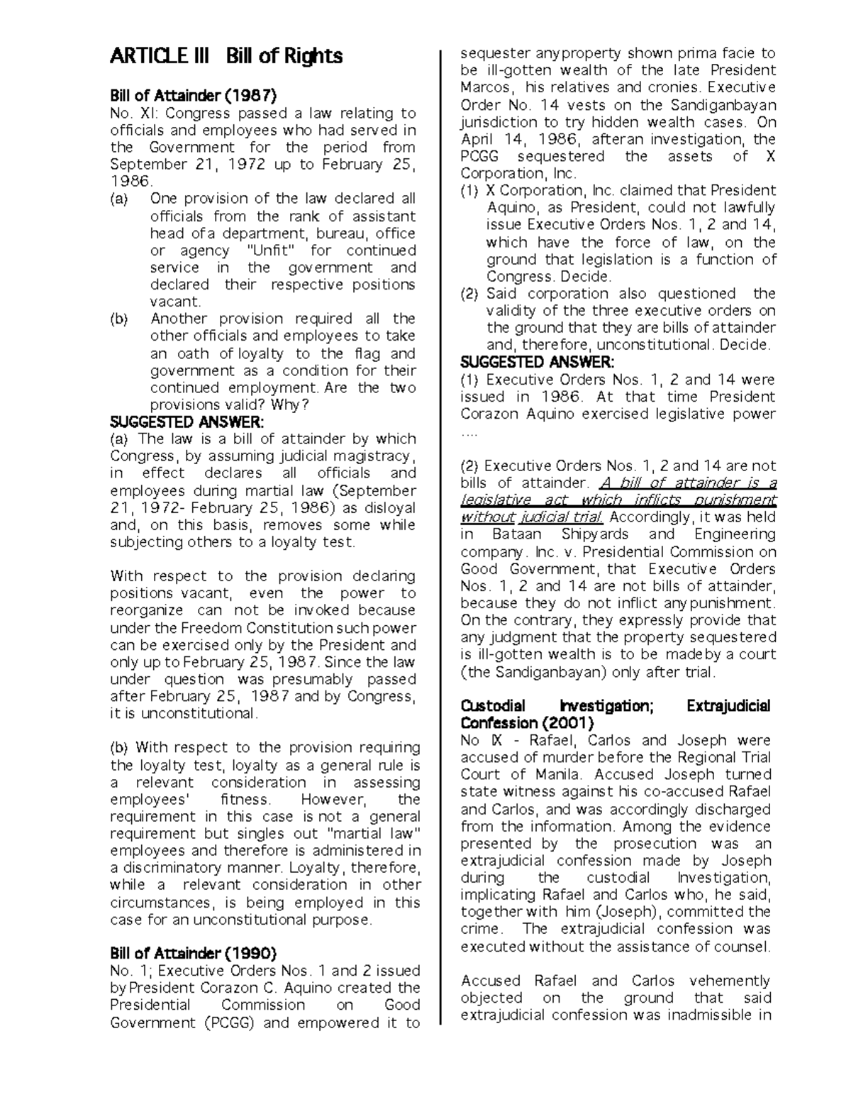 Political Law Q and A ARTICLE III Bill of Rights Bill of Attainder