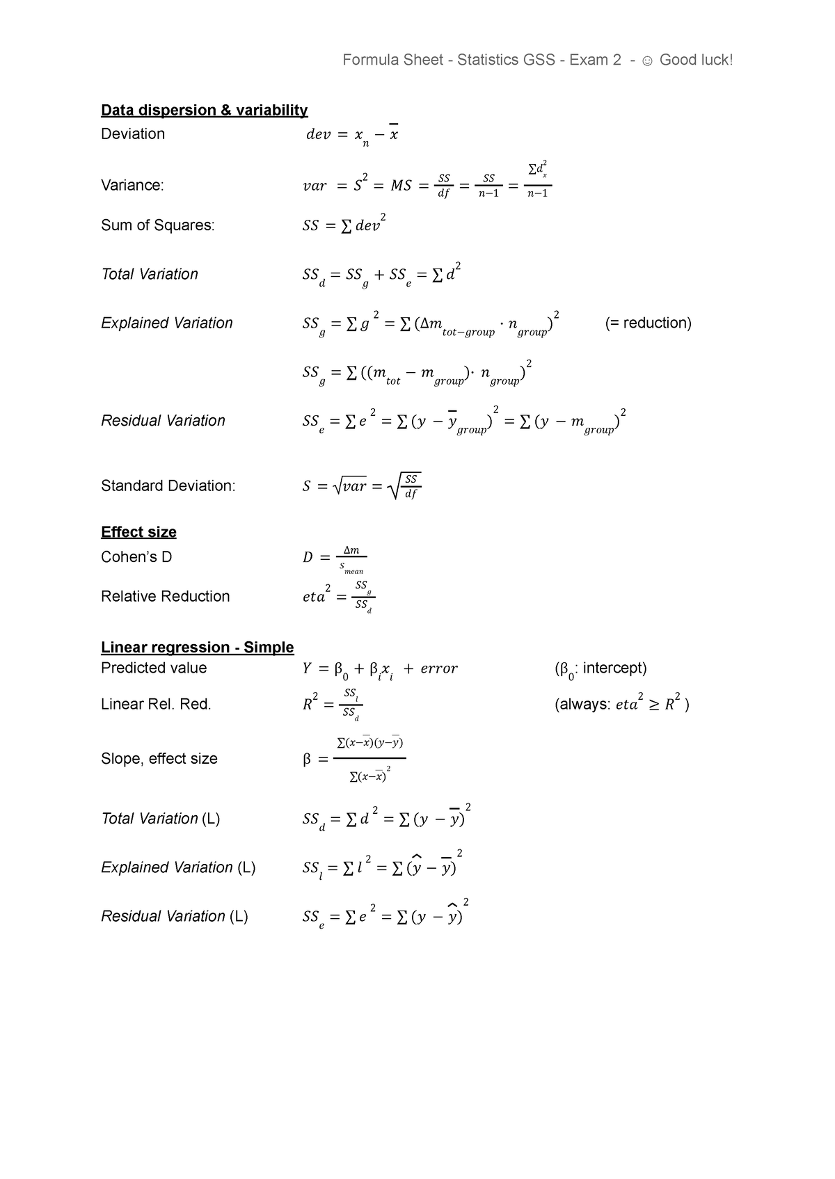 Formula sheet - Statistics GSS - Data dispersion & variability ...