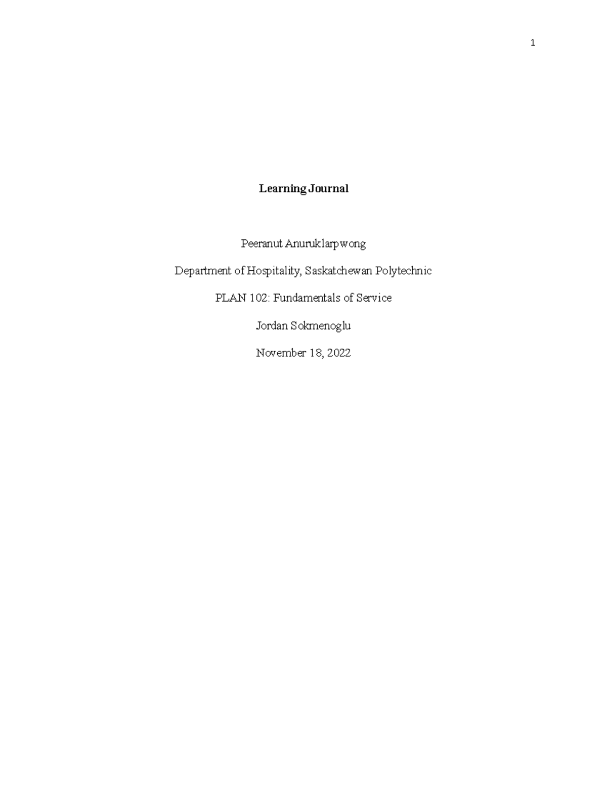 Learning Journal - Learning Journal Peeranut Anuruklarpwong Department ...