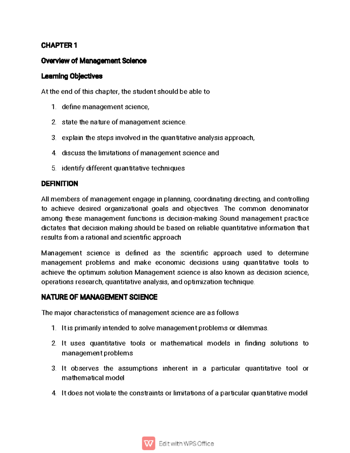 Chapter 1 Overview Of Management Science - CHAPTER 1 Overview Of ...