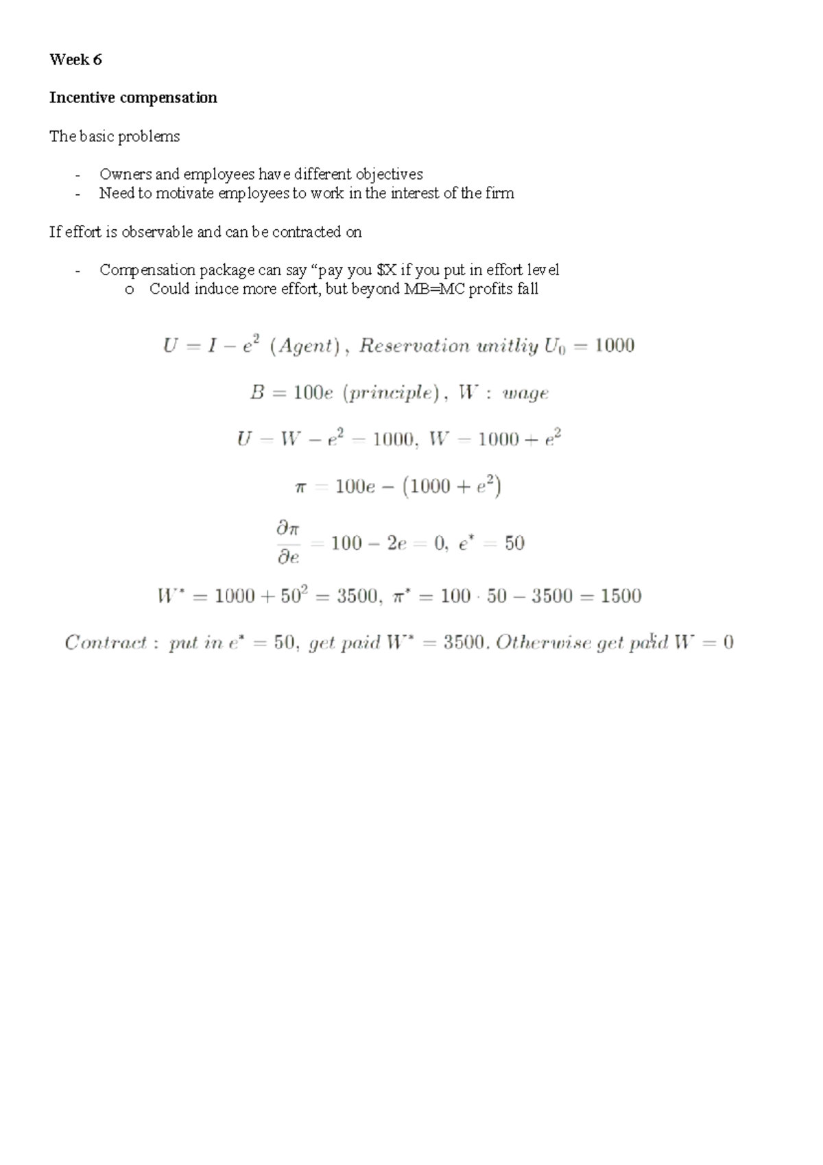 Optimal Contracts W 6 W6 Lecture Notes Week 6 Incentive