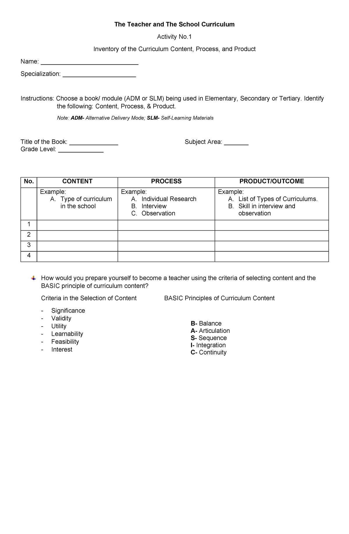 Activity 1 - Inventory of the Curriculum Content, Process, and Product ...