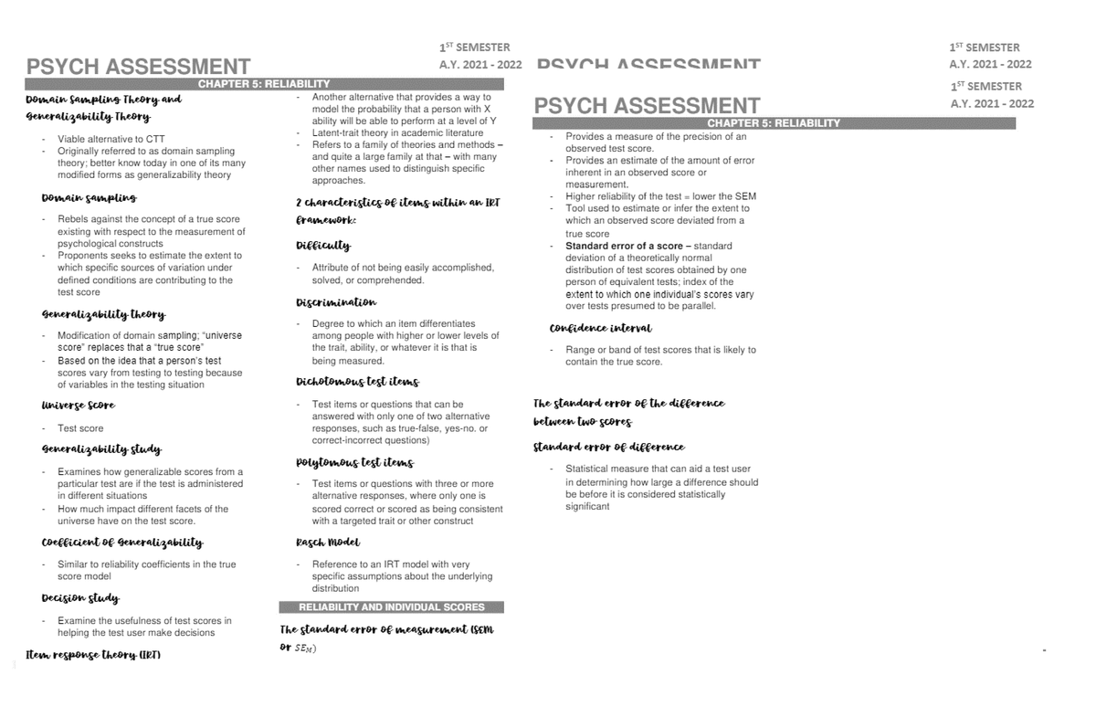 Chapter 5- Psych Assessment Reliability - BS Psychology - Studocu