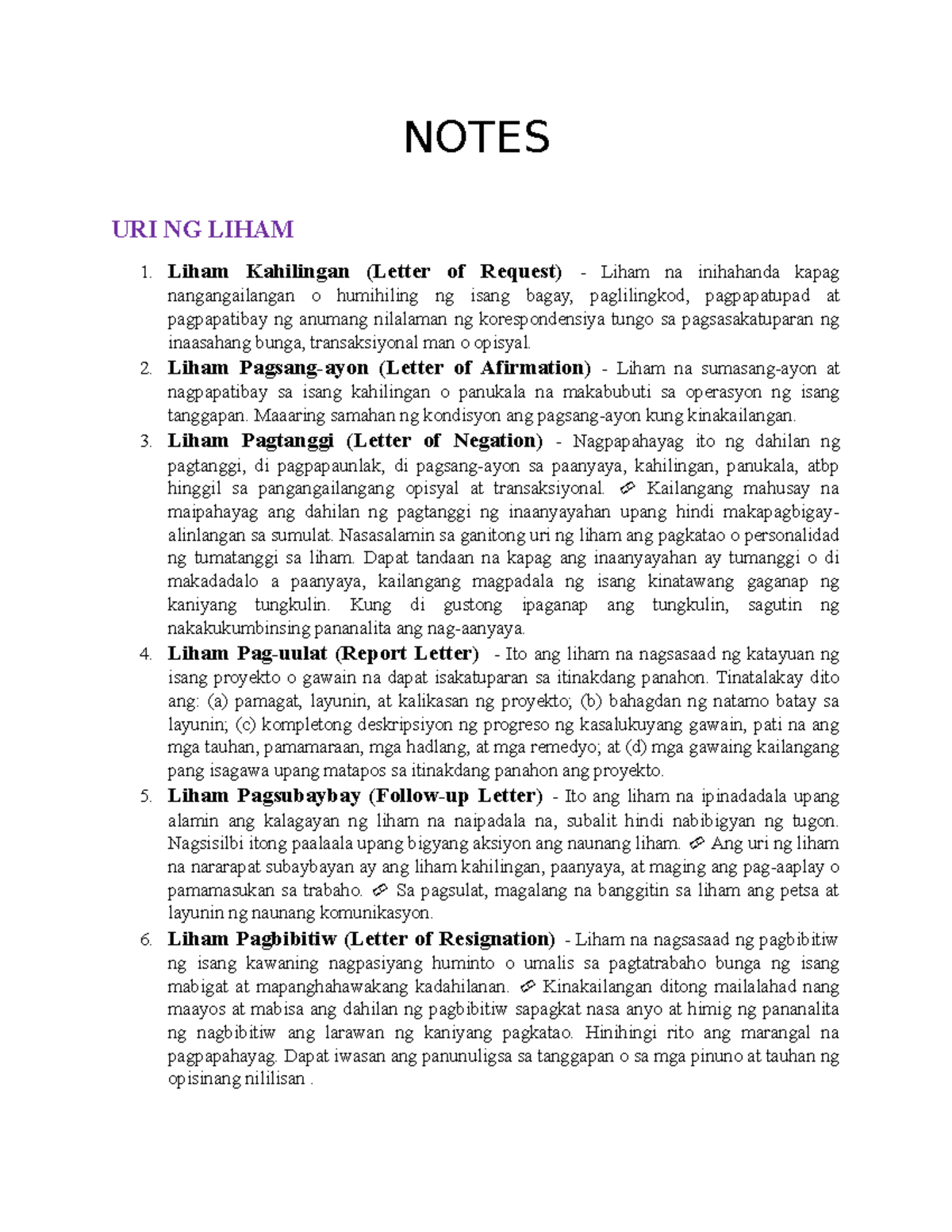 Notes - Kennedy Kajera - NOTES URI NG LIHAM 1. Liham Kahilingan (Letter ...