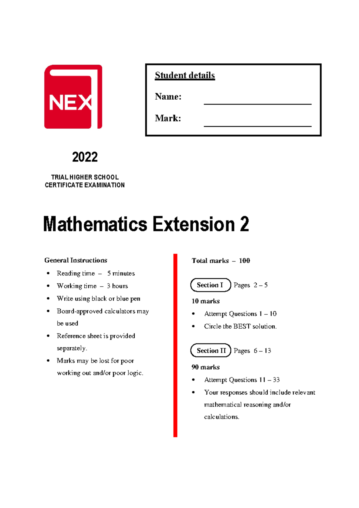 Next - 2022 Year 12 4U Trial Paper - Mathematics Extension 2 2022 TRIAL ...
