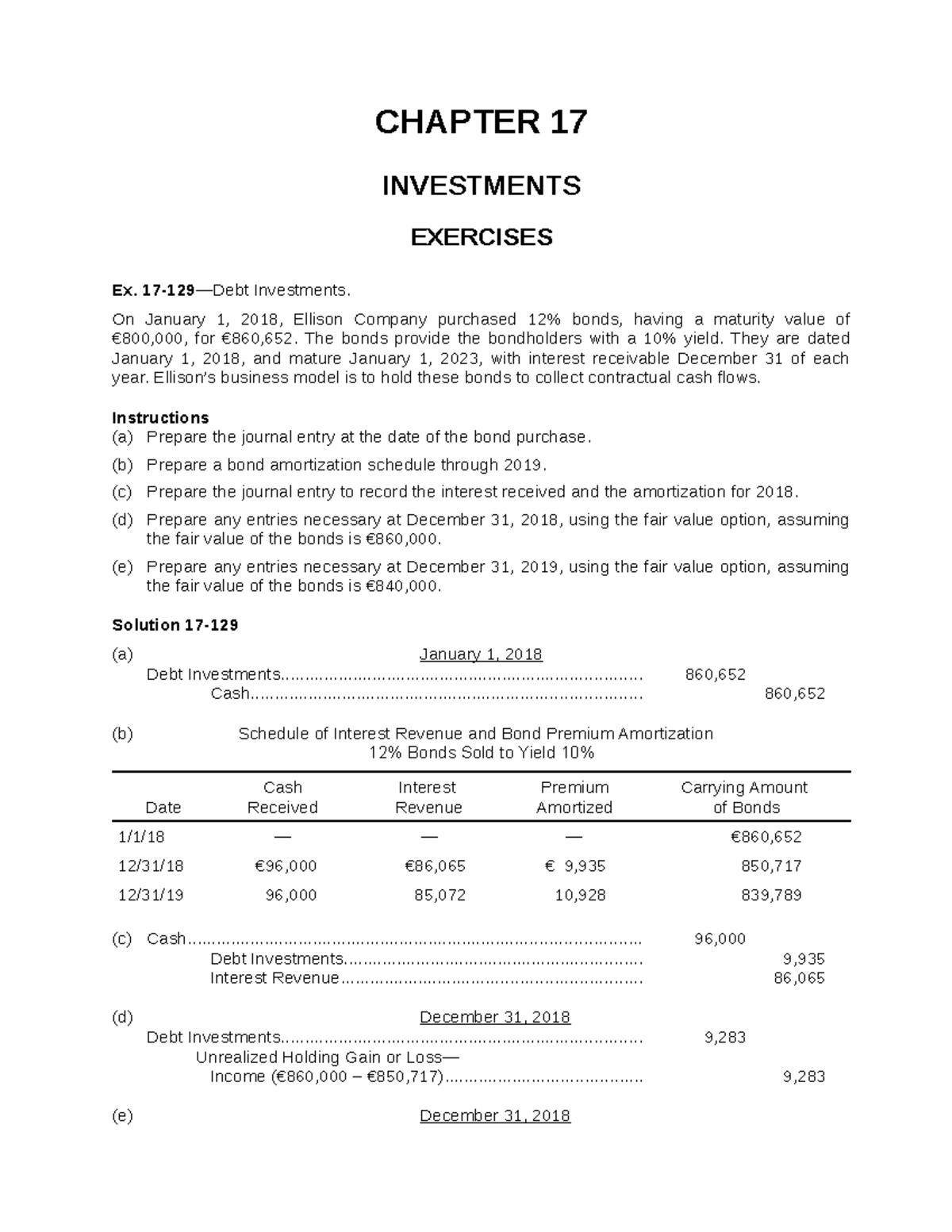 Chapter 17 Investments Exercises Debt Investments - CHAPTER 17 ...