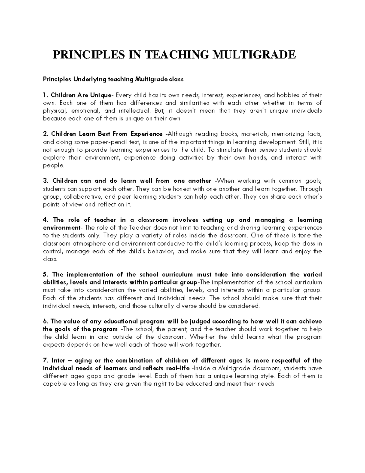 Principles IN Teaching Multigrade Principles Underlying Teaching 