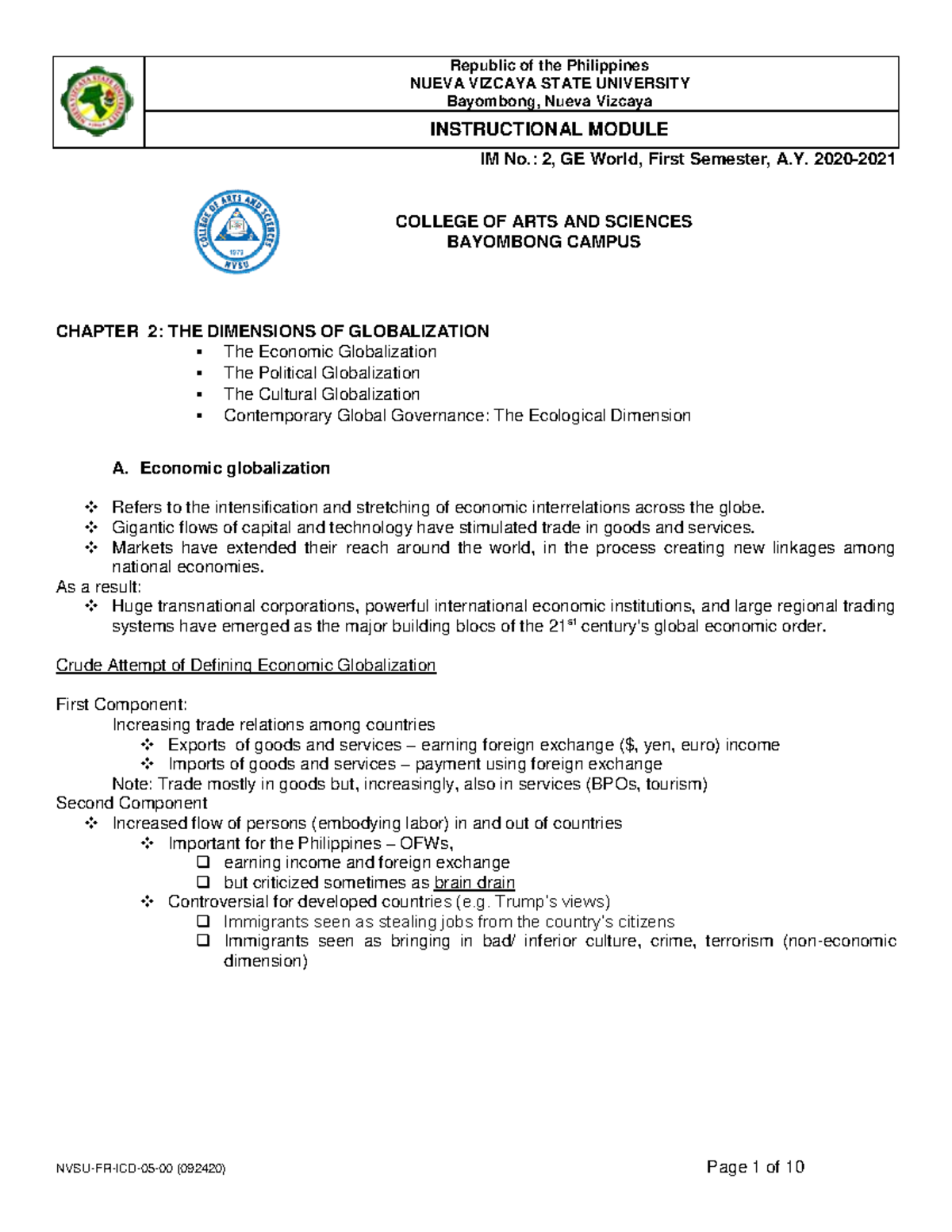 Chapter 3 Globalization - NUEVA VIZCAYA STATE UNIVERSITY Bayombong ...