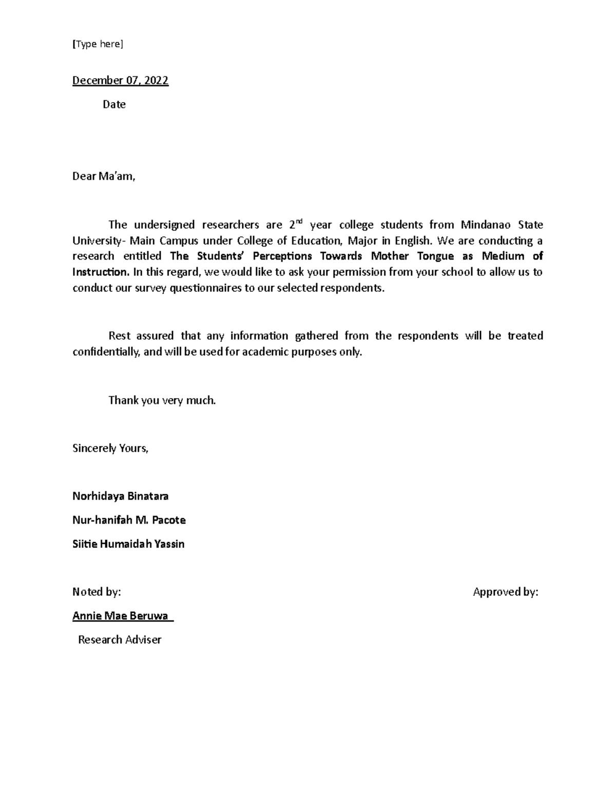 Consent Letter - [Type here] December 07, 2022 Date Dear Ma’am, The ...