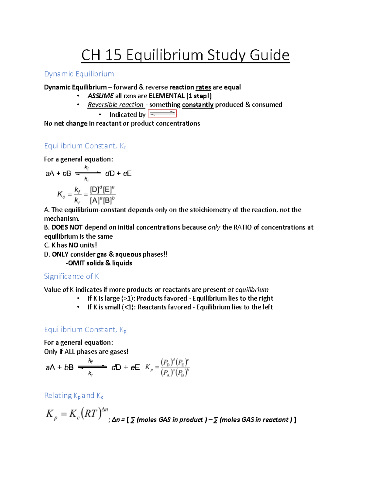 Ch15Equilibrium Study Guide - CH 15 Equilibrium Study Guide Dynamic ...