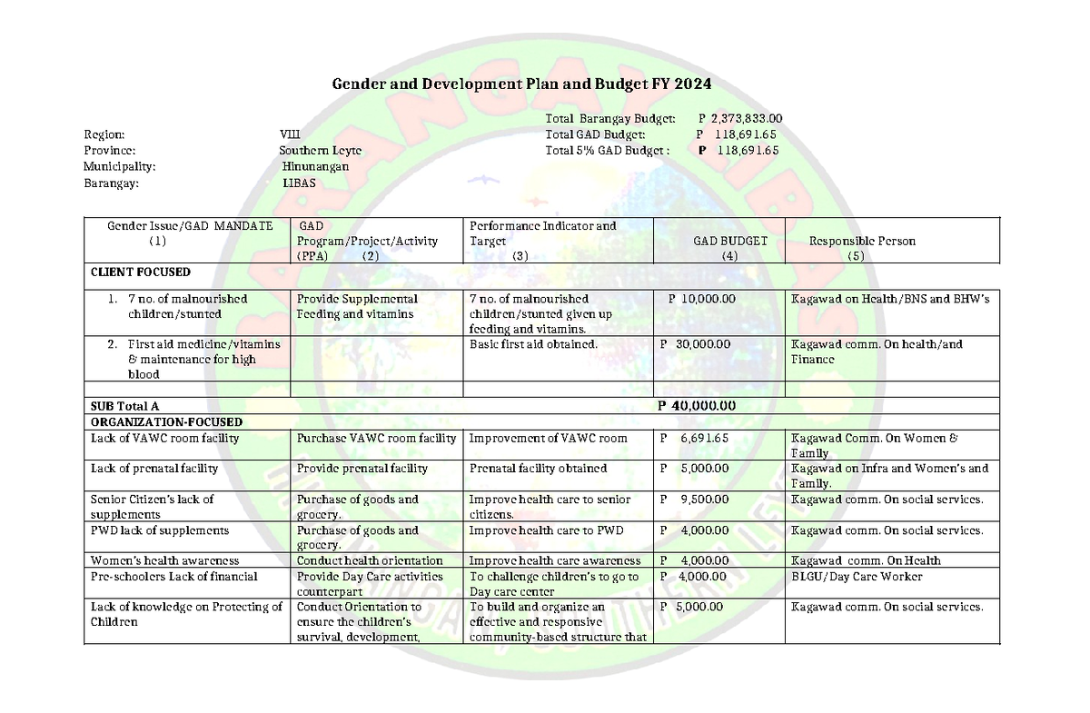 GAD PLAN and Budget FY 2024 - Gender and Development Plan and Budget FY ...