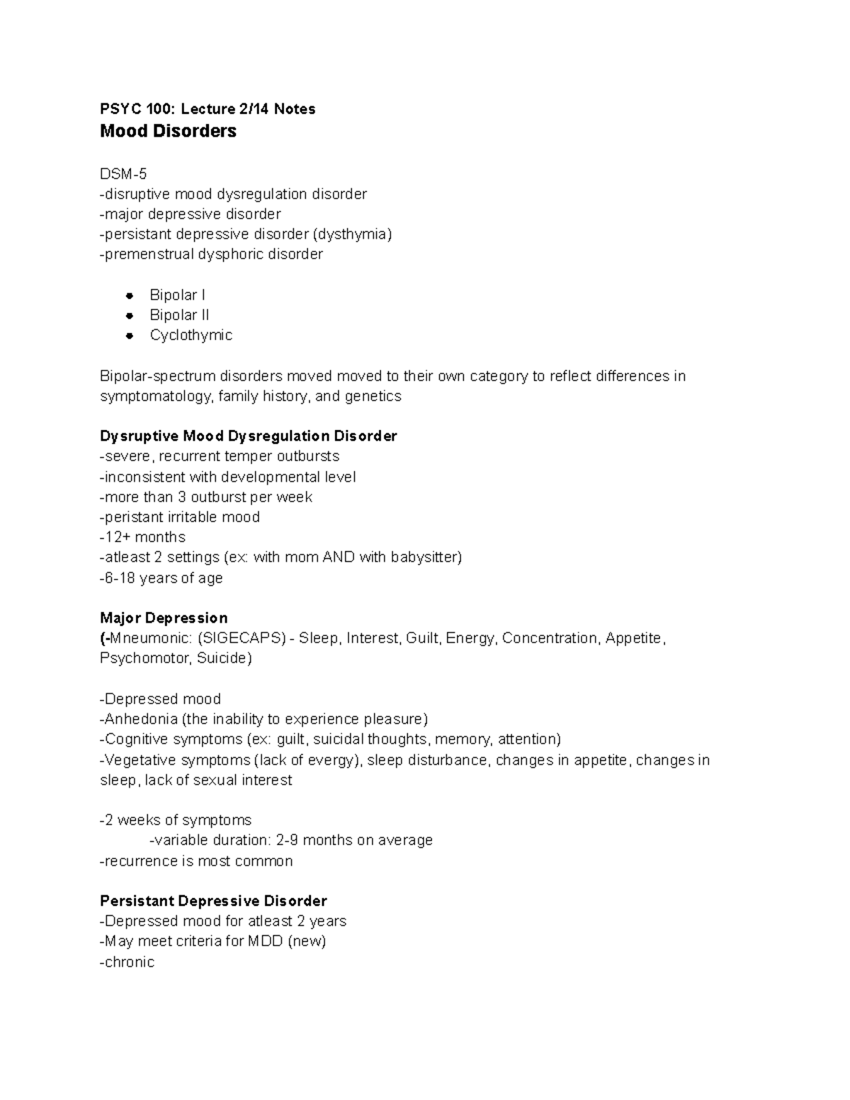 PSYC 100 Lecture 2/4/23 - PSYC 100: Lecture 2/14 Notes Mood Disorders ...