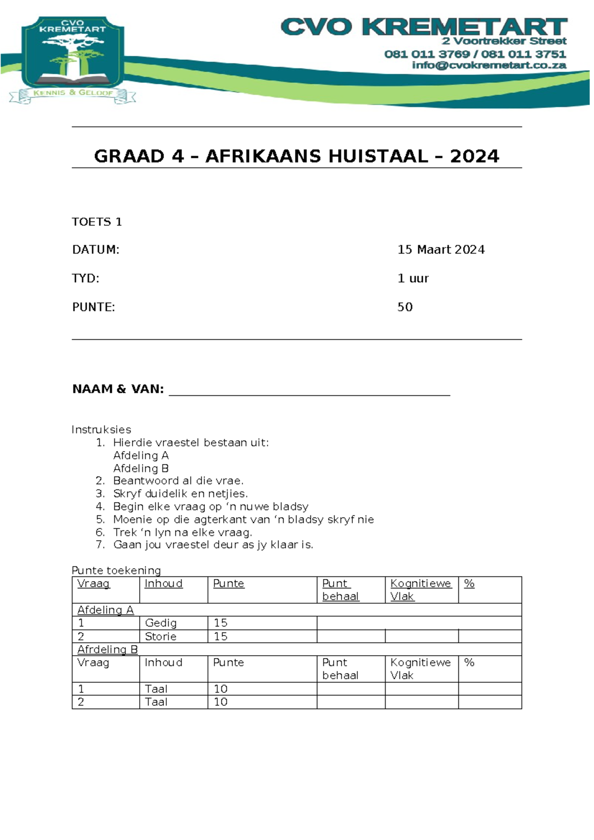 Afrikaans Huistaal Graad 4 Toets 1 Kwartaal 1 aangepas - GRAAD 4 ...