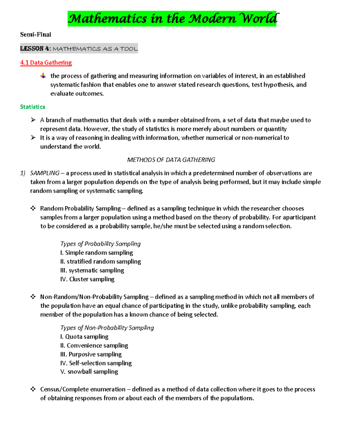 Gathering-data - this is a lecture note from mathematics in modern ...
