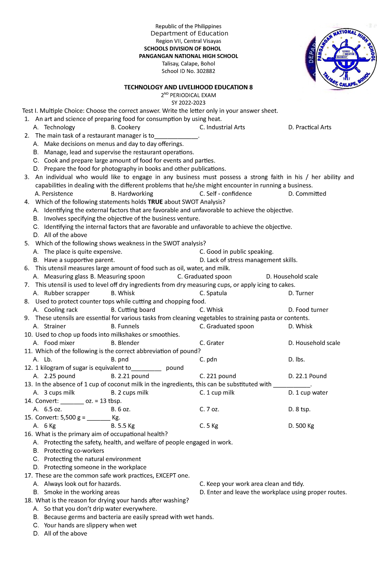 2nd Periodical Test TLE 8 - Republic Of The Philippines Department Of ...