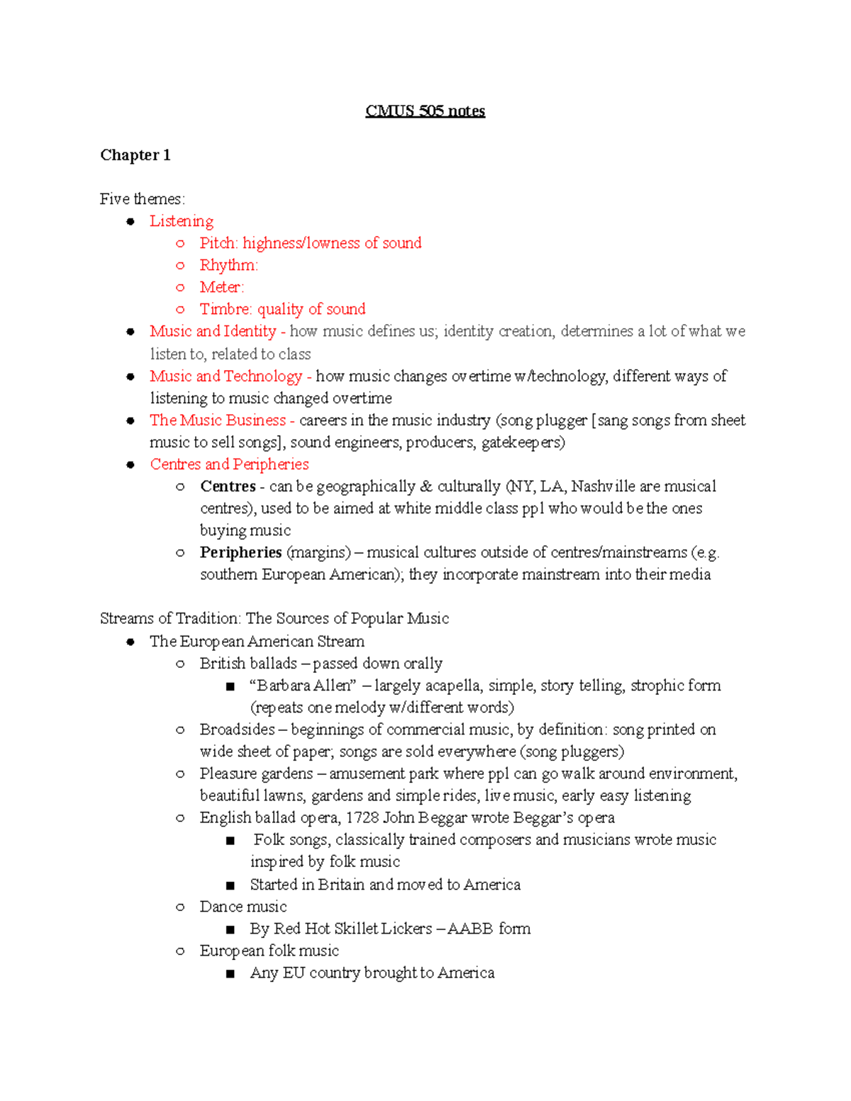 CMUS 505 midterm review - CMUS 505 notes Chapter 1 Five themes ...