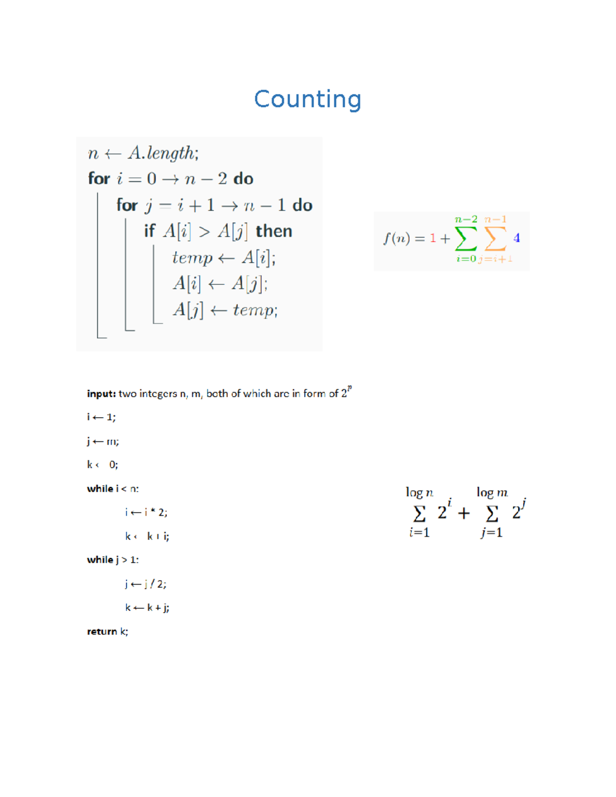 Midterm Notes for all algoirthms, summations, etc. - Counting Running ...
