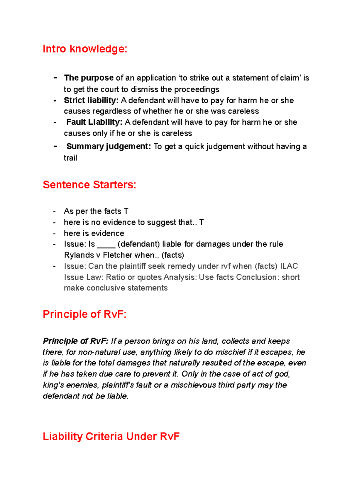 Rv F Cheat Sheet Summary of Rylands v Fletcher case with references