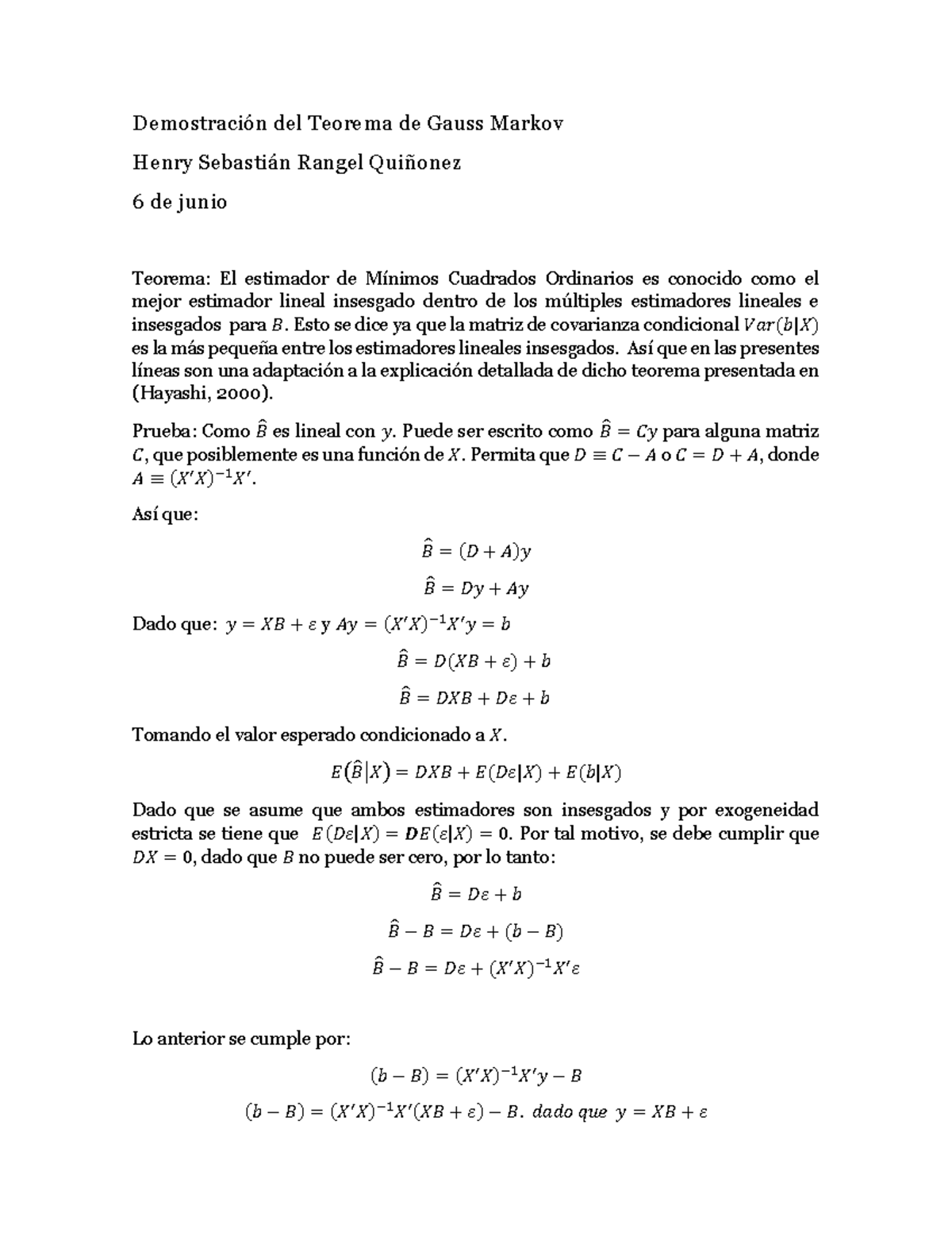 Demostracion del Teorema de Gauss Markov Demostración del Teorema de