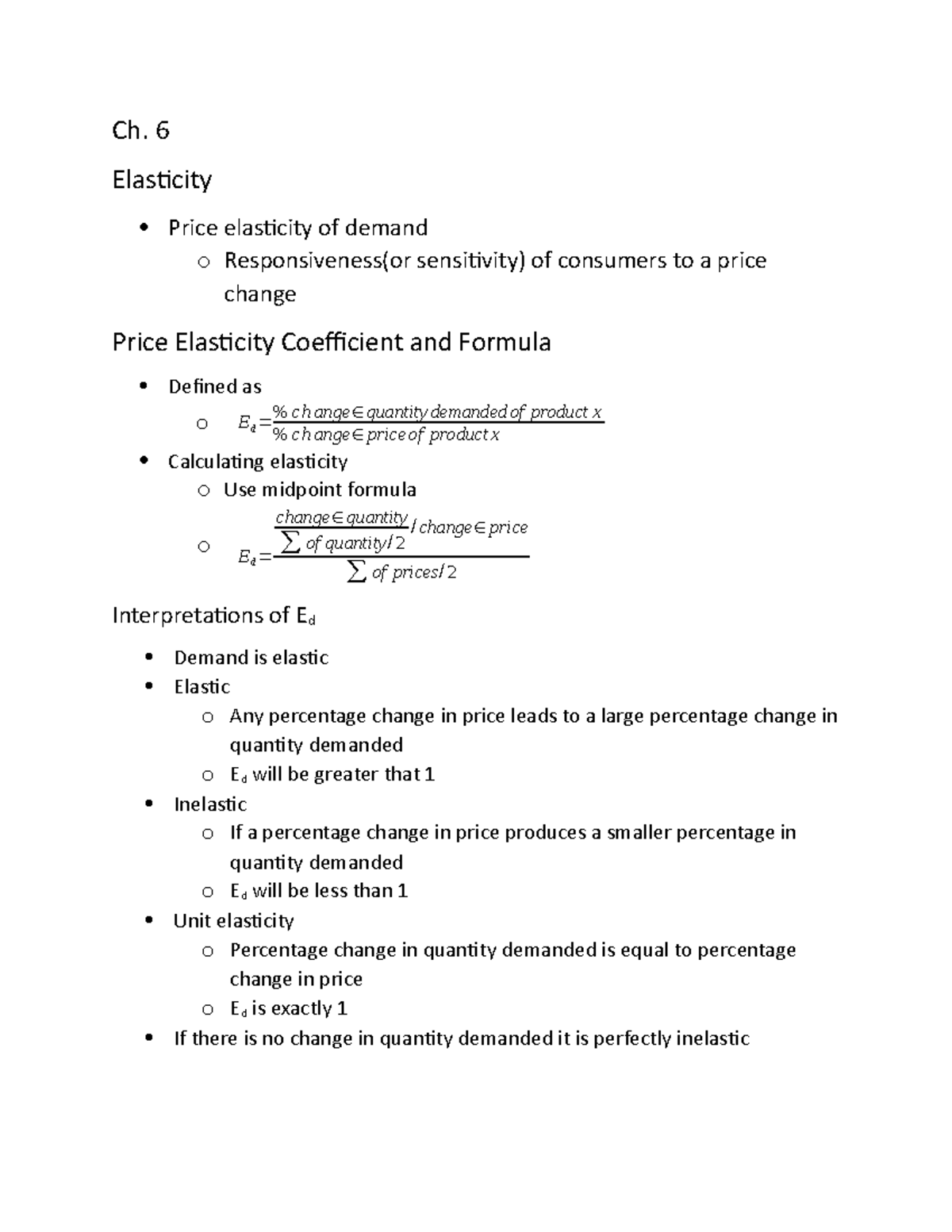 Ch. 6 Notes - Microeconomics - Ch. 6 Elasticity Price Elasticity Of ...