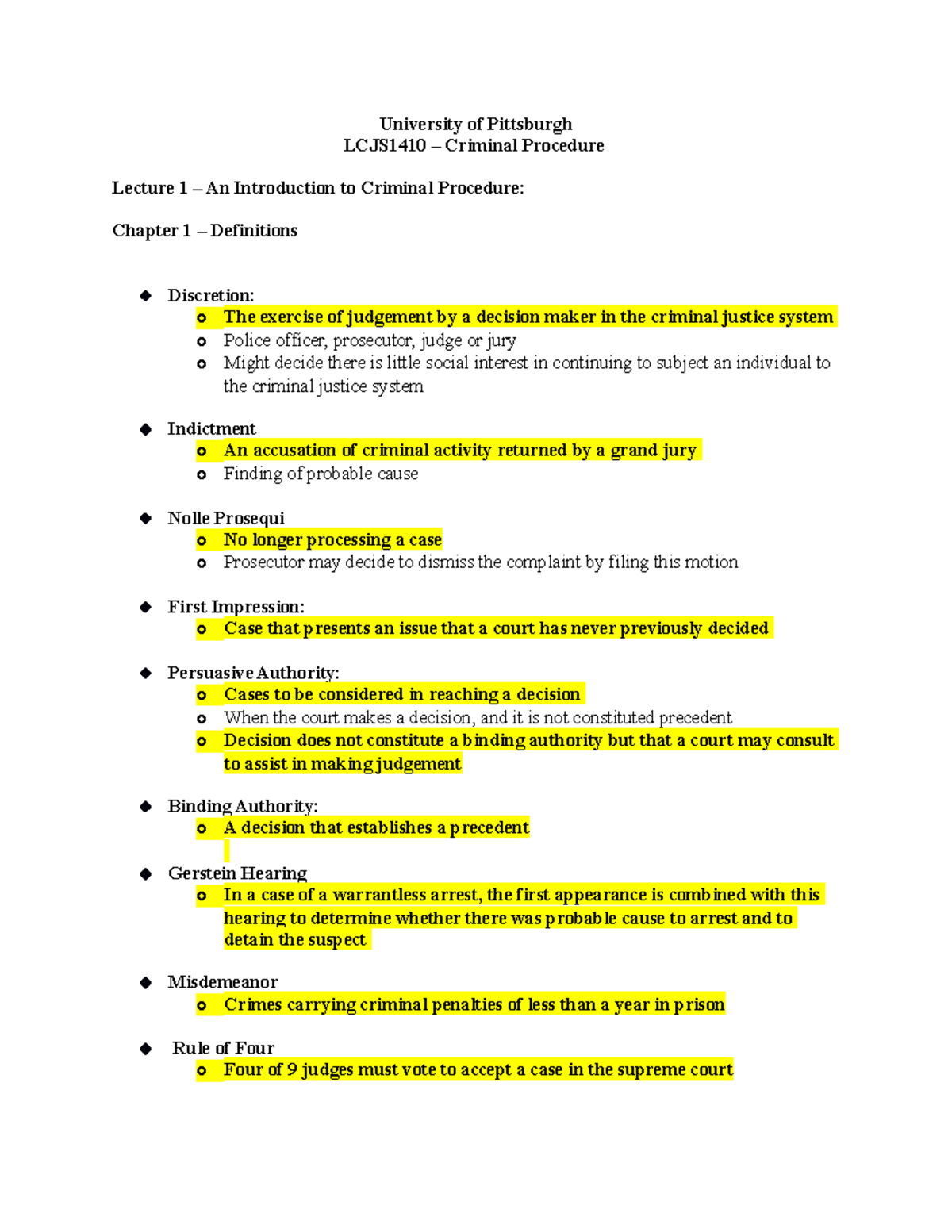 Chapter 1 - Introduction to Criminal Procedure Key Terms - University ...
