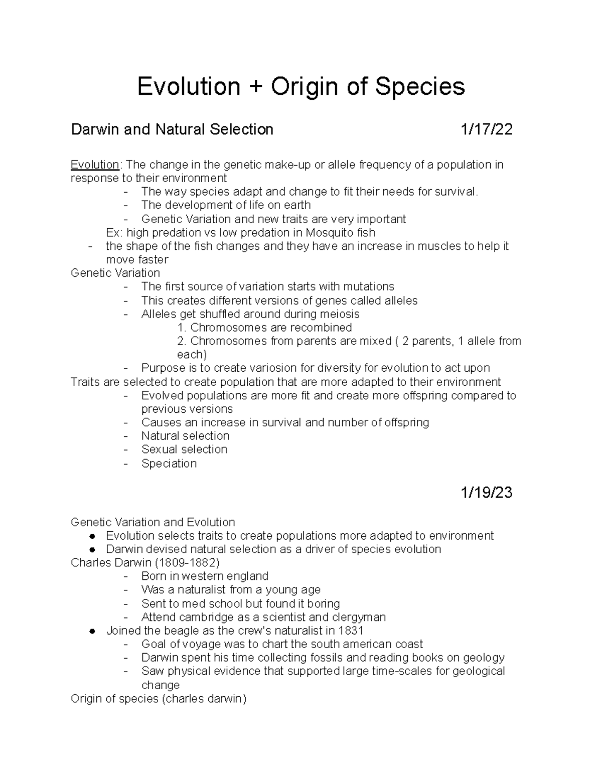 EBIO EXAM 1 - Practice Exam Bio - Evolution + Origin Of Species Darwin ...