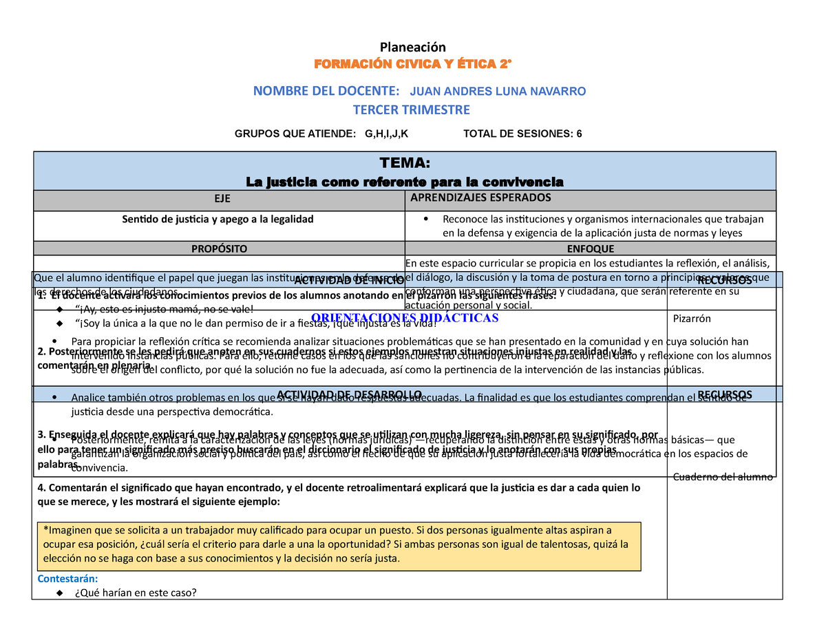 Ejemplos De Planeacion Planeación FormaciÓn Civica Y Ética 2 ° Nombre Del Docente Juan Andres 3370