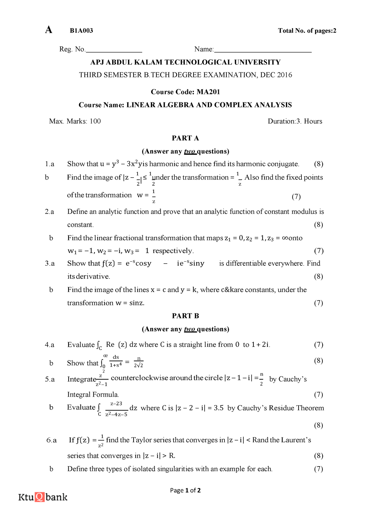 Linear Algebra and Complex Analysis (MA201) question paper 1 ...