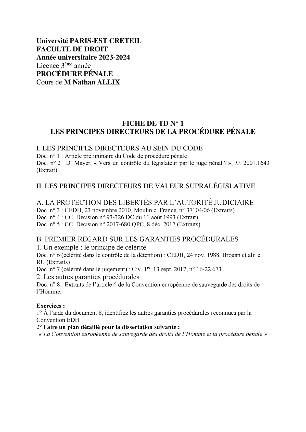 TD 1 - Les Principes Directeurs De La Proc Ã©dure P Ã©nale - Université ...