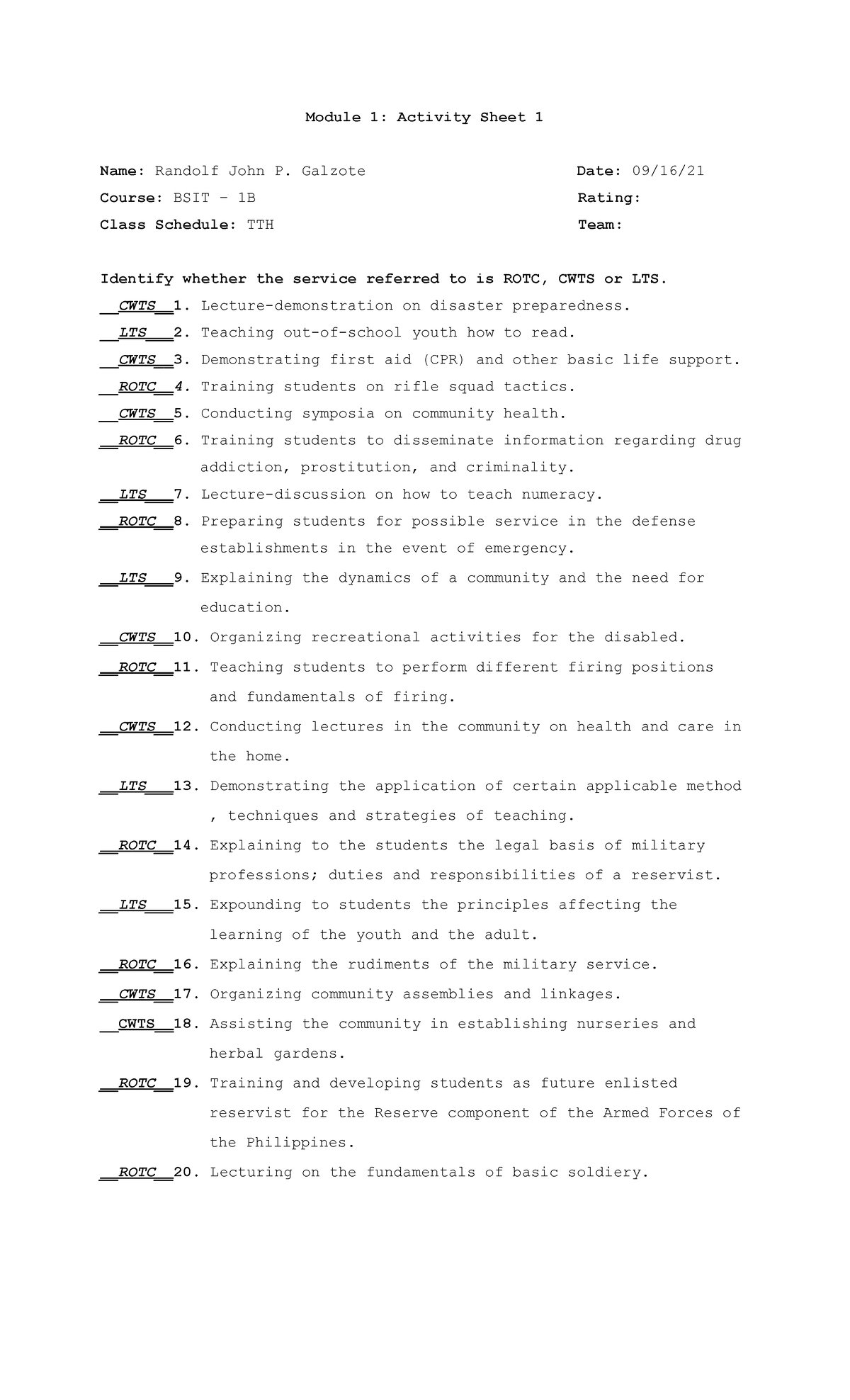 NSTP 1 Module 1 Activities - Module 1: Activity Sheet 1 Name: Randolf ...