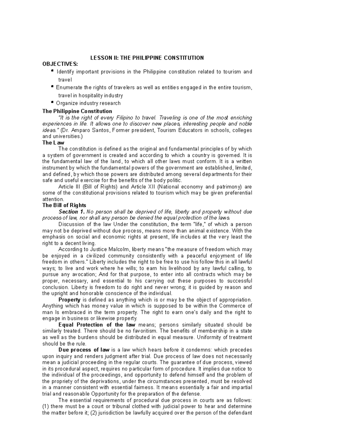 Legal Aspects In Tourism And Hospitality - The Philippine Constitution 