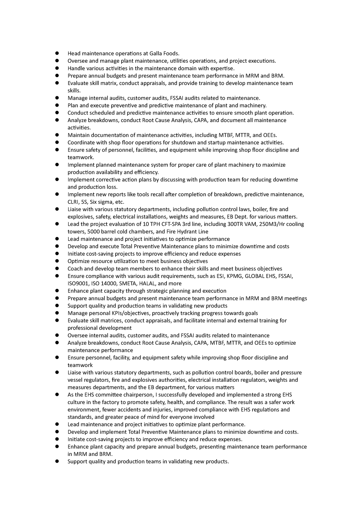 Head maintenance operations at Galla Foods - Oversee and manage plant ...
