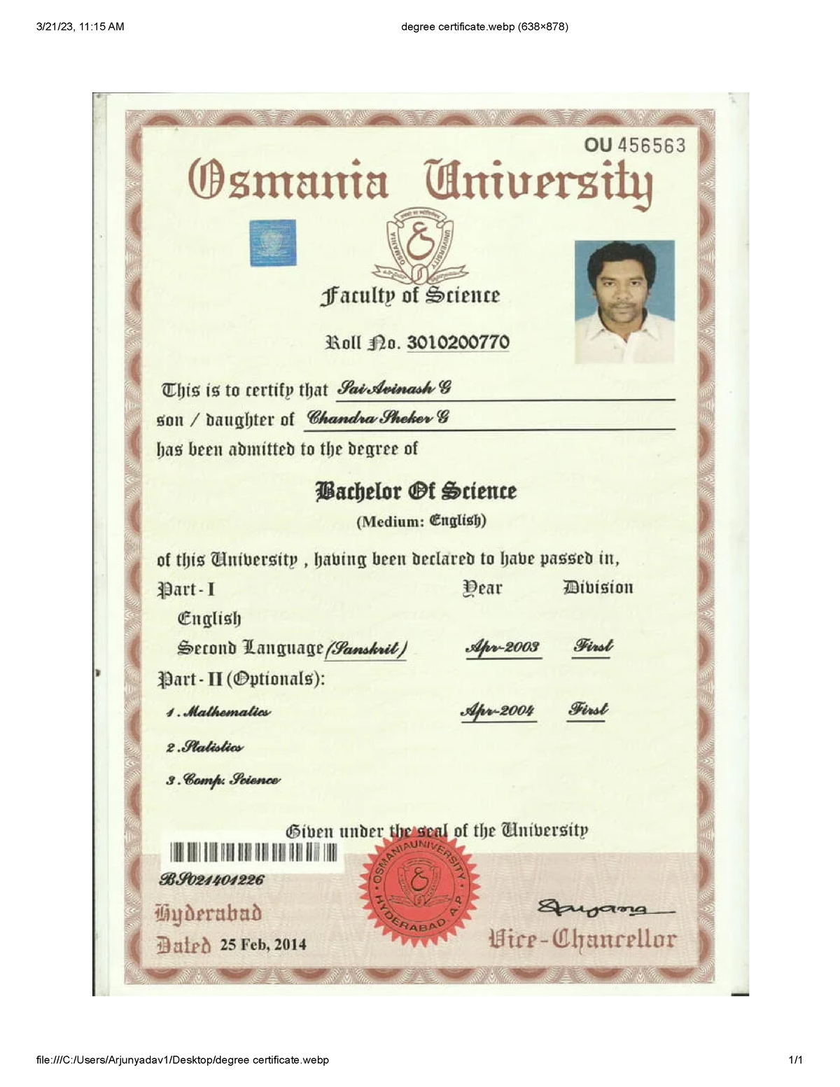 Degree certificate 1 hey B Com Computer Application 3/21/23 11