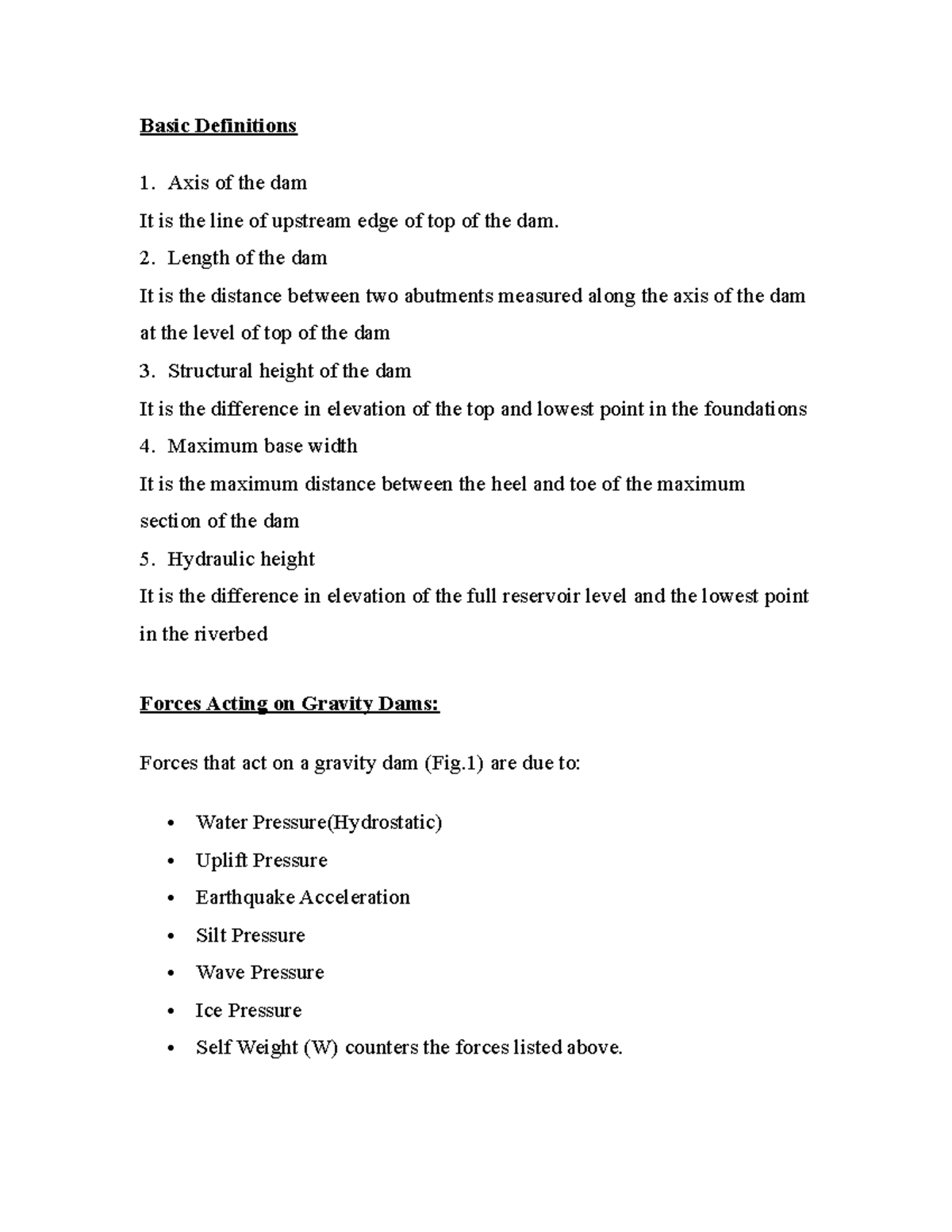 Forces Acting on Gravity Dams-3rd note - Basic Definitions Axis of the ...