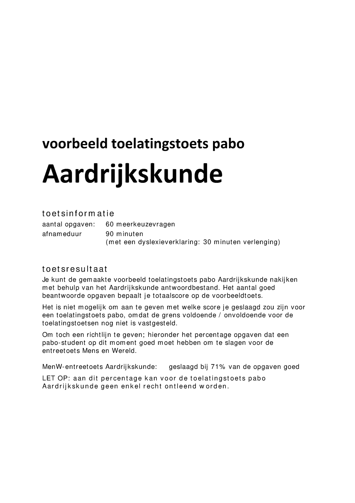 Oefentoets Aardrijkskunde Voorbeeld Toelatingstoets Pabo Aardrijkskunde T O E T S I N F O R