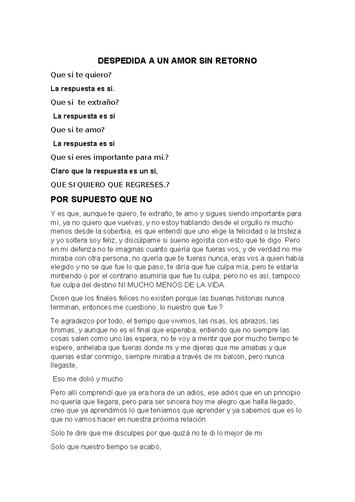 Carta de despedida - DESPEDIDA A UN AMOR SIN RETORNO Que si te quiero ...