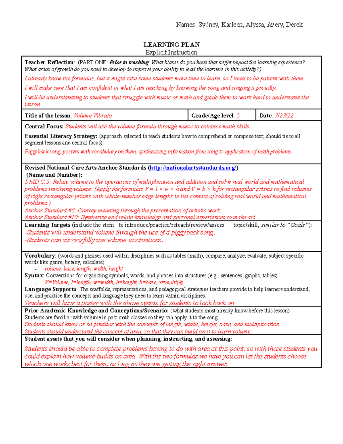 Math learning plan - math and music integrated lesson plan for grade 5 - Names: Sydney, Karleen ...