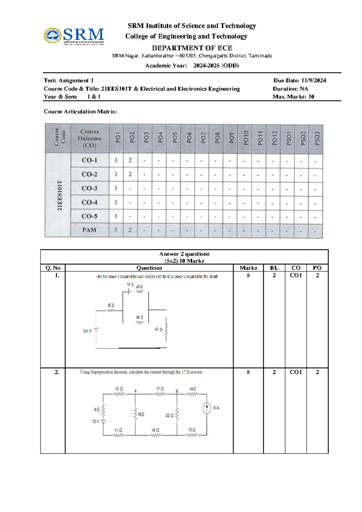 Assignment 1 - Marks: 10 Course Articulation Matrix: Answer 2 questions ...