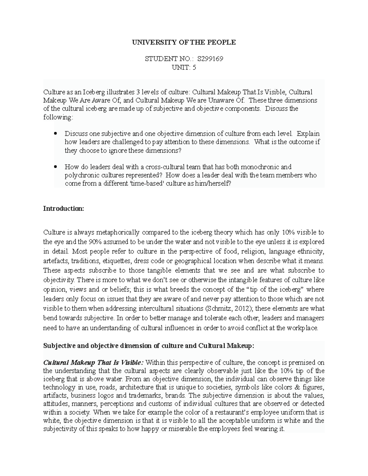 Discussion Assignment Unit 5 - UNIVERSITY OF THE PEOPLE STUDENT NO.: S ...